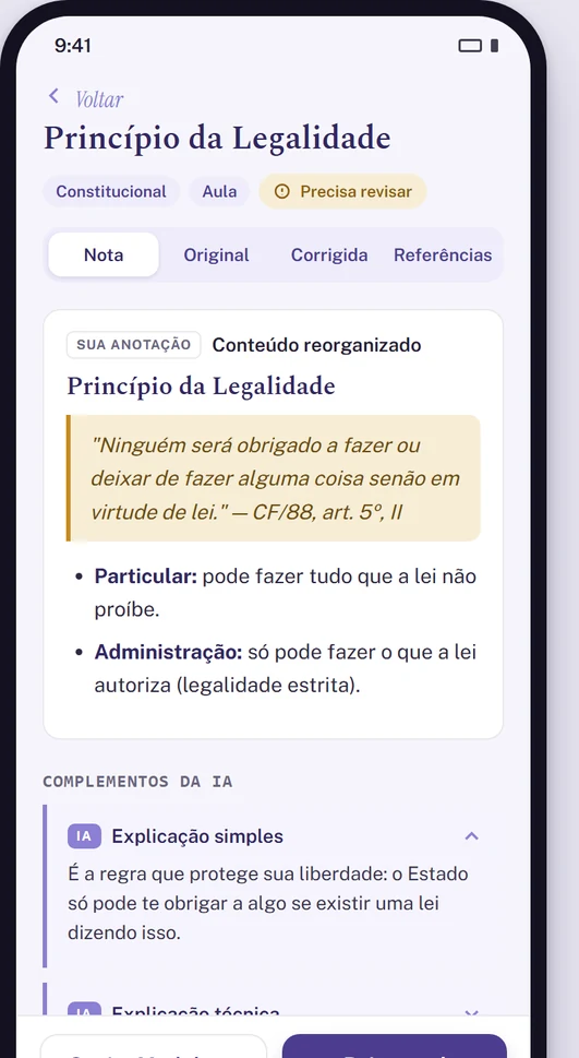 Nota de estudo processada no JusMind, com conteúdo organizado e complementos da IA identificados